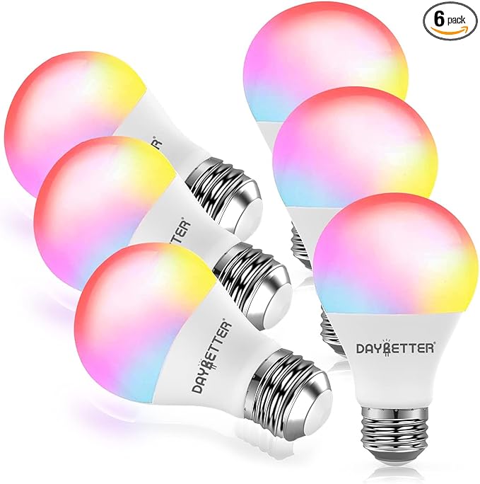 DAYBETTER Smart Light Bulbs, RGBCW Wi-Fi Color Changing Led Bulbs Compatible with Alexa & Google Home Assistant, A19 E26 9W 800LM Multicolor Bulb, No Hub Required, 6 Pack DAYBETTER