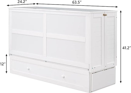 Murphy Cabinet Bed Queen Size with Drawer and Little Shelves on Each Side, can be Foldable/Space Saving, Wooden Low Bedframe for Bedroom/Apartment, White - LeafyLoom