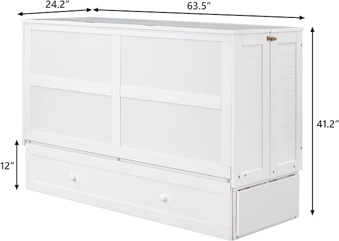 Murphy Cabinet Bed Queen Size with Drawer and Little Shelves on Each Side, can be Foldable/Space Saving, Wooden Low Bedframe for Bedroom/Apartment, White - LeafyLoom