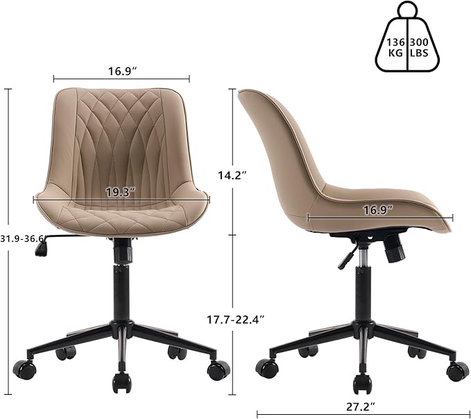 YOUNIKE Armless Office Chair Leather Desk Chair with Wheels Swivel Rolling Task Chair with Back Upholstered Computer Chair Height Adjustable Modern Ergonomic Wide Seat Khaki - LeafyLoom