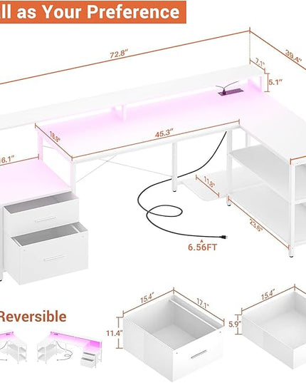 Aheaplus L Shaped Desk with File Drawer, 72.8" Reversible L Shaped Computer Desk with Power Outlet & LED Strip, Gaming Desk with Long Monitor Stand, Office Desk Corner Desk with Storage Shelf, White - LeafyLoom
