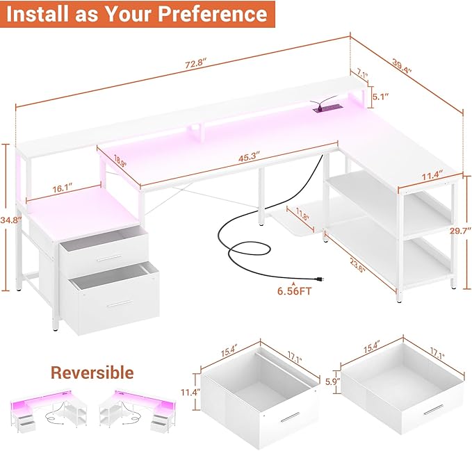 Aheaplus L Shaped Desk with File Drawer, 72.8" Reversible L Shaped Computer Desk with Power Outlet & LED Strip, Gaming Desk with Long Monitor Stand, Office Desk Corner Desk with Storage Shelf, White - LeafyLoom