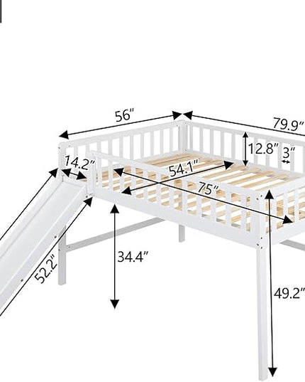 Merax Full Size Junior Wood Loft Bed with Slide Loft Bunk Bed for Girls Boys,Easy Assemble,White - LeafyLoom