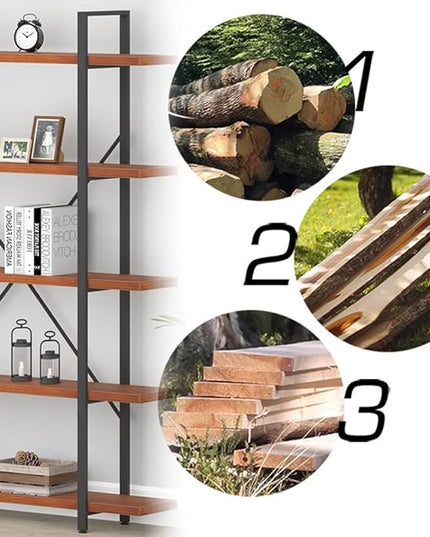 HSH Solid Wood 5 Shelf Bookshelf, Industrial Real Natural Wood Tall Etagere Bookcase, Modern Large Open Wide Big Metal Book Shelf with 5 tier Storage for Bedroom Living Room Home Office, Rustic Brown - LeafyLoom