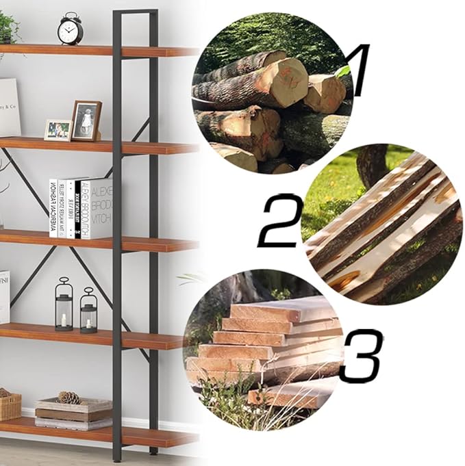HSH Solid Wood 5 Shelf Bookshelf, Industrial Real Natural Wood Tall Etagere Bookcase, Modern Large Open Wide Big Metal Book Shelf with 5 tier Storage for Bedroom Living Room Home Office, Rustic Brown - LeafyLoom