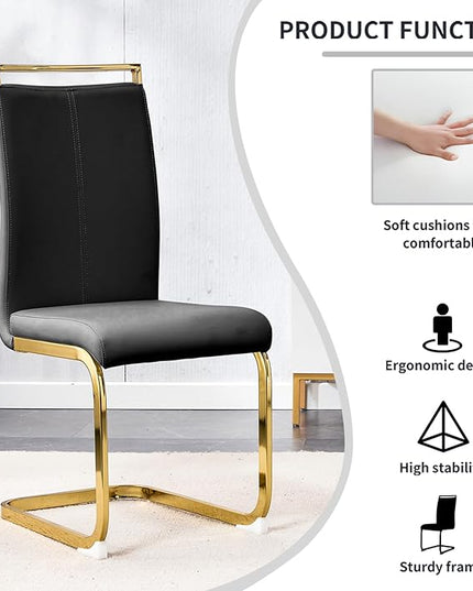 Modern Dining Chairs Set of 4,High Back Black Kitchen Chairs,Faux Leather Side Chair with Gold Plated Metal Legs,Easy to Clean Upholstered Dining Chairs,Ideal for Living Room(Gold Leg) - LeafyLoom