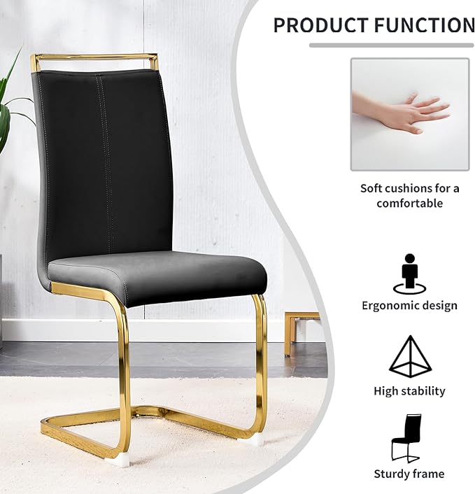 Modern Dining Chairs Set of 4,High Back Black Kitchen Chairs,Faux Leather Side Chair with Gold Plated Metal Legs,Easy to Clean Upholstered Dining Chairs,Ideal for Living Room(Gold Leg) - LeafyLoom