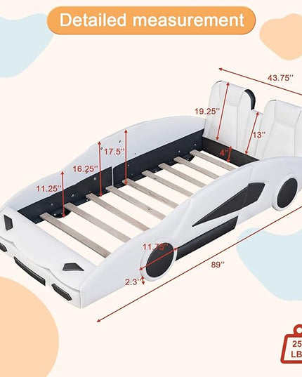Twin Size Bed Frame for Kids, Race Car-Shaped Wooden Platform Bed with Guardrail and Upholstered Headboard, Wheels and Support Slats, for Boys Girls Child's Bedroom, No Spring Need (White) - LeafyLoom