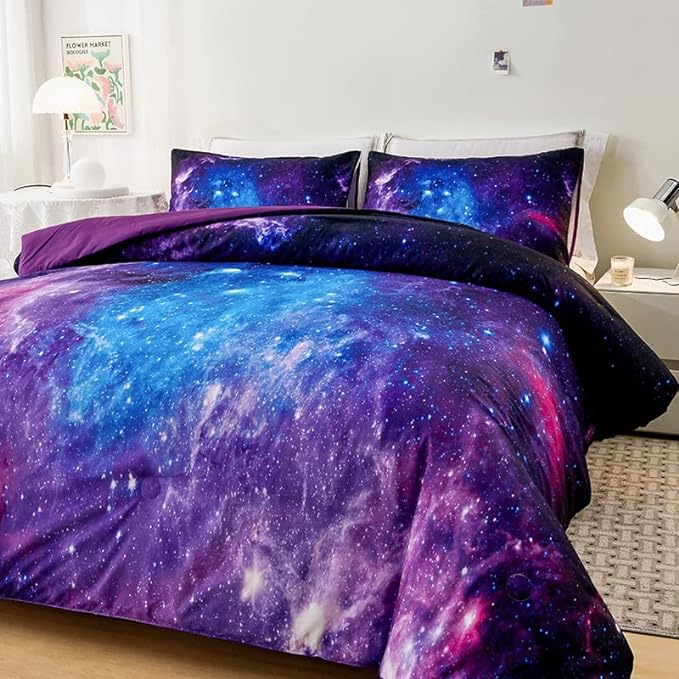 Purple Comforter Set for Girls,Galaxy Comforter Set for Boys Kids,Space Bedding King,Kids Comforter Set for Girls,Galaxy Bedding Set King with Pillowcases - LeafyLoom