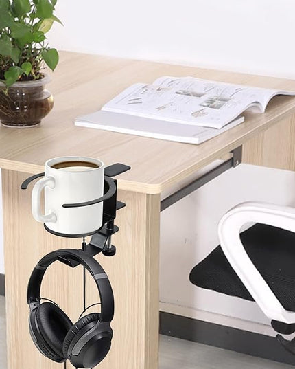 Desk Cup Holder, 2-in-1 Adjustable & 360° Rotating Office Gaming Desk Accessories for Under Desk Headphone Stand Hanging Headset, Holding Coffee Mug, Drinks, Water Bottle – Black - LeafyLoom