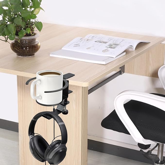Desk Cup Holder, 2-in-1 Adjustable & 360° Rotating Office Gaming Desk Accessories for Under Desk Headphone Stand Hanging Headset, Holding Coffee Mug, Drinks, Water Bottle – Black - LeafyLoom