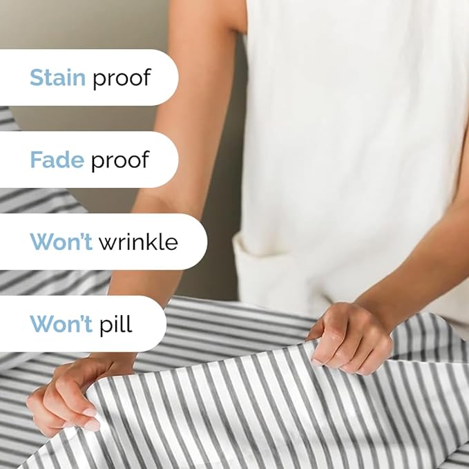 Cal King Size 4 Piece Sheet Set - Comfy Breathable & Cooling Sheets - Hotel Luxury Bed Sheets for Women & Men - Deep Pockets, Easy-Fit, Soft & Wrinkle Free Sheets - Grey Stripes Oeko-Tex Bed Sheet Set - LeafyLoom