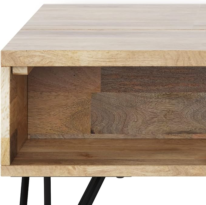 SIMPLIHOME Hunter SOLID MANGO WOOD and Metal 36 inch Wide Rectangle Industrial Contemporary Small Lift Top Coffee Table in Natural, for the Living Room and Family Room - LeafyLoom