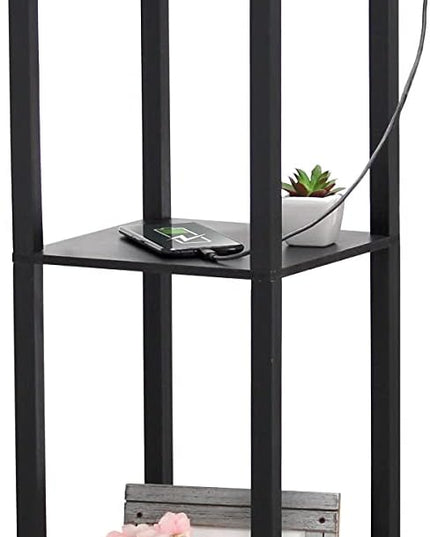 Simple Designs LF1037-BLK Floor Lamp Etagere Organizer Storage Shelf with 2 USB Charging Ports, 1 Charging Outlet and Linen Shade, Black - LeafyLoom