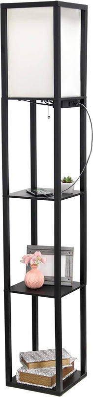 Simple Designs LF1037-BLK Floor Lamp Etagere Organizer Storage Shelf with 2 USB Charging Ports, 1 Charging Outlet and Linen Shade, Black - LeafyLoom