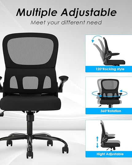 Soohow Ergonomic Home Office Chair, Mesh Desk Chair with Lumbar Support, Comfy Computer Desk Chair with Flip Armrest Rolling Wheels, Black. - LeafyLoom