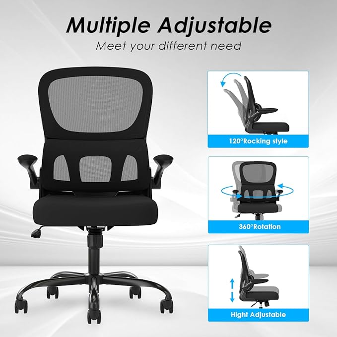 Soohow Ergonomic Home Office Chair, Mesh Desk Chair with Lumbar Support, Comfy Computer Desk Chair with Flip Armrest Rolling Wheels, Black. - LeafyLoom