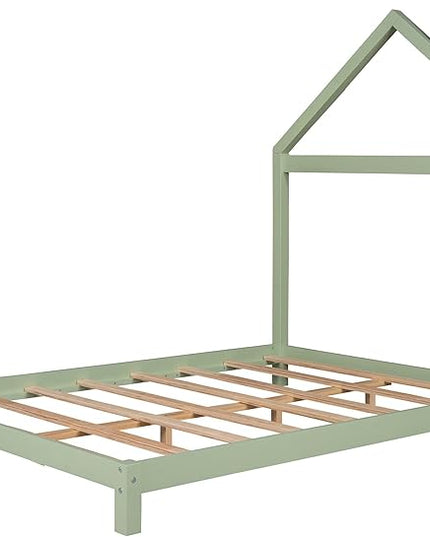 Jintop Full Size Wood Platform Chimney and House-Shaped Headboard,Bedroom Furniture Bed Frame W/ 10 Slat Support,Easy to Install,for Teens Kids Girls Boys,Green - LeafyLoom