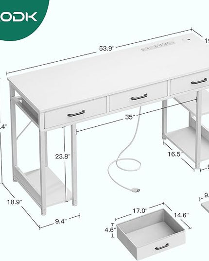 AODK 55 Inch Computer Desk with Fabric Drawers & Power Outlets, Office Desk with Storage Shelves & CPU Stand, Study Table, Writing Desk for Bedroom, White - LeafyLoom