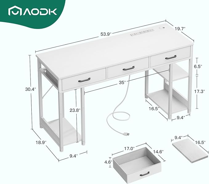 AODK 55 Inch Computer Desk with Fabric Drawers & Power Outlets, Office Desk with Storage Shelves & CPU Stand, Study Table, Writing Desk for Bedroom, White - LeafyLoom