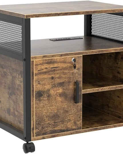 Unikito Lateral File Cabinet, Locking Office Filing Cabinets with Socket and USB Charging Port, Modern Rolling Printer Stand with Storage for A4, Letter Size and File Folders, Rustic Brown - LeafyLoom