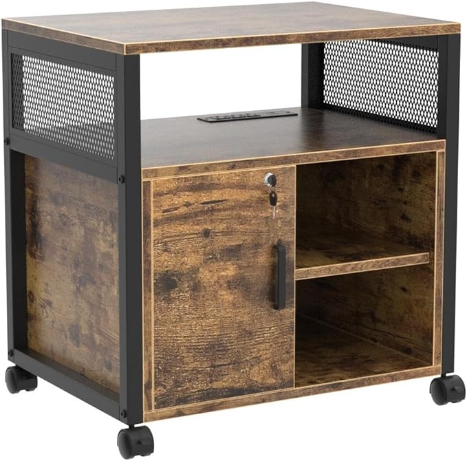 Unikito Lateral File Cabinet, Locking Office Filing Cabinets with Socket and USB Charging Port, Modern Rolling Printer Stand with Storage for A4, Letter Size and File Folders, Rustic Brown - LeafyLoom