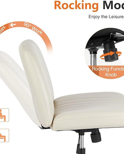 Sweetcrispy Criss Cross Office Chair with Wheels, Wide Armless Home Office Desk Chair with Dual-Purpose Base, Swivel Adjustable Leather Task Vanity Computer Chair, Cream - LeafyLoom