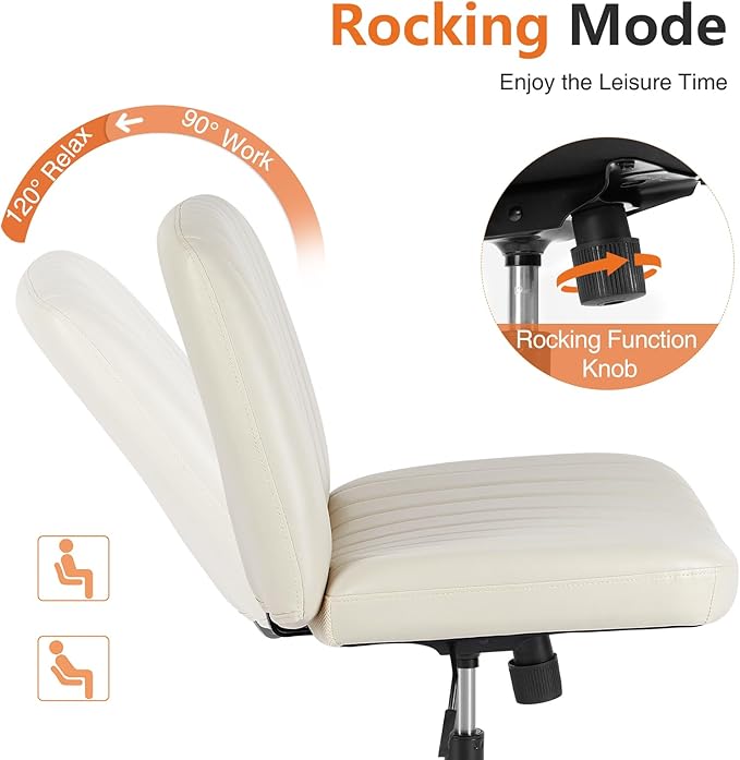 Sweetcrispy Criss Cross Office Chair with Wheels, Wide Armless Home Office Desk Chair with Dual-Purpose Base, Swivel Adjustable Leather Task Vanity Computer Chair, Cream - LeafyLoom