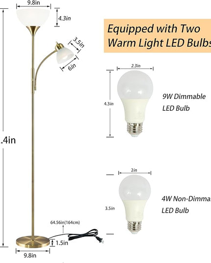 Floor Lamp, Dimmable Standing lamp, 3 Levels Dimmable Brightness, Included 9W and 5W LED Bulbs, Industrial Floor Lamp for Living Room, Bedroom, Office, Reading - LeafyLoom