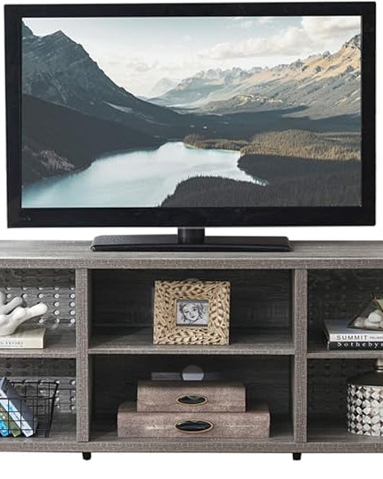 LVB TV Stand for 75 Inch TV, Long Modern Rustic Wood Entertainment Center, Large Industrial Metal Media Television Stands with Console Table Cabinet Storage for Living Bedroom, Light Gray Oak, 63 Inch - LeafyLoom