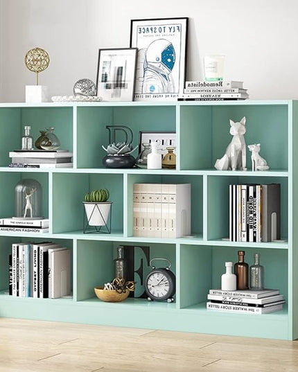 IOTXY Open Shelf Low Bookcase - Wooden 3-Tier Floor Standing Display Cabinet Organizer with Base, 10 Cubes Short Horizontal Bookshelf in Tiffany-Green - LeafyLoom