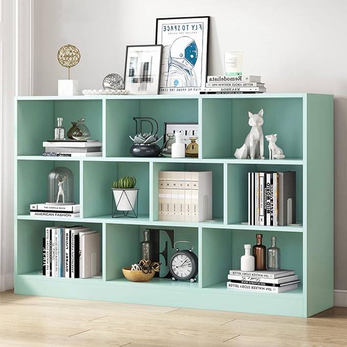 IOTXY Open Shelf Low Bookcase - Wooden 3-Tier Floor Standing Display Cabinet Organizer with Base, 10 Cubes Short Horizontal Bookshelf in Tiffany-Green - LeafyLoom