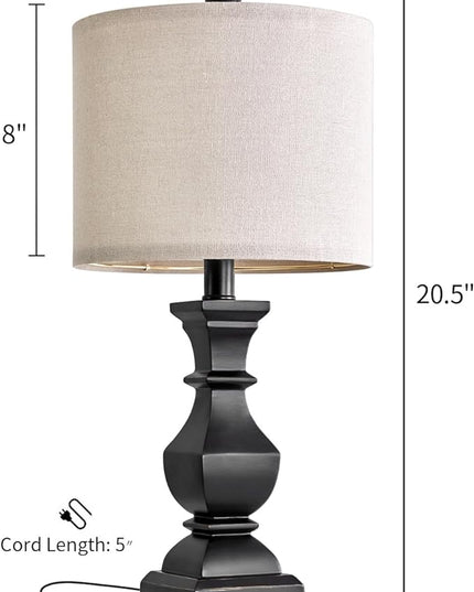 PoKat 20.5'' Bedside Table Lamp for Bedroom Nightstand - Farmhouse Lamp for Living Room, Black Night Stand Light Lamp with Round Linen Shade, Vintage Bedroom Lamp, Suitable for Small Place - LeafyLoom