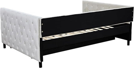 Full Size Velvet Upholstered Daybed with Trundle, Solid Wood Bed w/Button Tufted Backrest, for Living Room, Bedroom, Dorm, No Box Spring Needed, Space-Saving Design - LeafyLoom