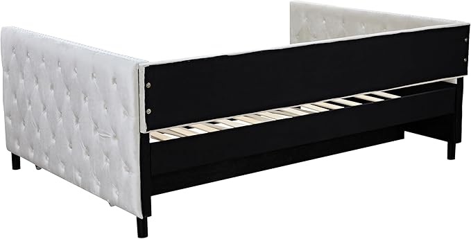 Full Size Velvet Upholstered Daybed with Trundle, Solid Wood Bed w/Button Tufted Backrest, for Living Room, Bedroom, Dorm, No Box Spring Needed, Space-Saving Design - LeafyLoom