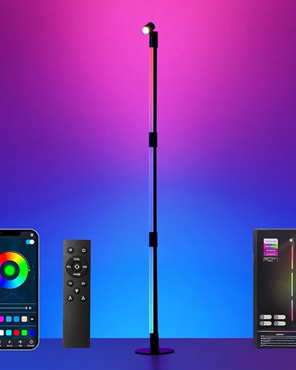 Corner Floor Lamp - Black RGB LED Floor Lamp with Music Sync and 16 Million DIY Colors, App & Remote Control, Color Changing Modern Smart Corner Lamp for Bedroom Living Room - LeafyLoom