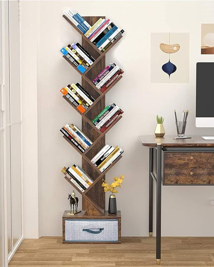 Tree Bookshelf with Drawer,Bookcase ,Bookshelves,Rack,Storage Rack,Holder,Organizer for Books,Wood Bookshelves,Book Tree,NarrowBookshelf Board Game Storage(Color:Rustic Brown), r-09 - LeafyLoom