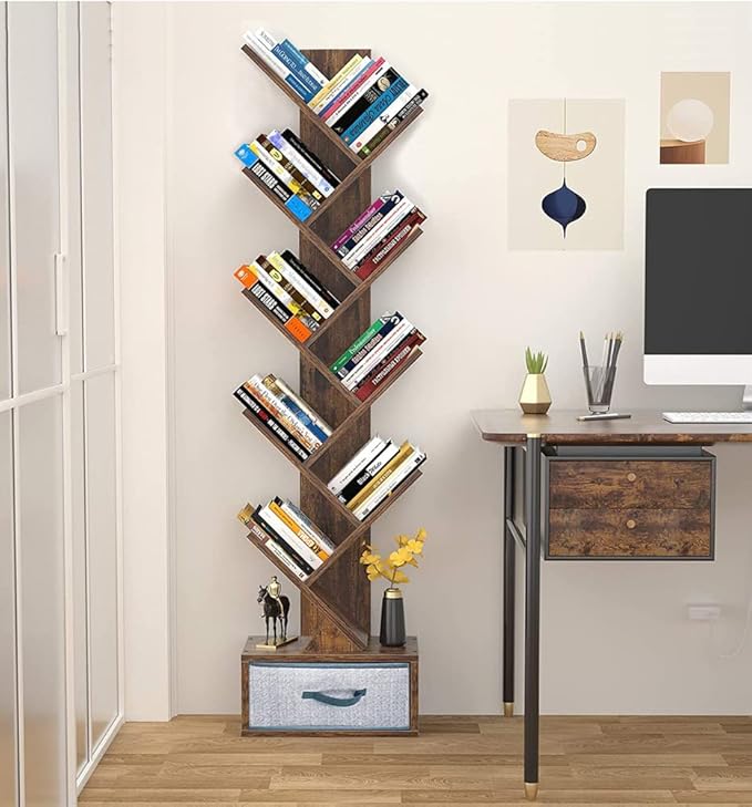 Tree Bookshelf with Drawer,Bookcase ,Bookshelves,Rack,Storage Rack,Holder,Organizer for Books,Wood Bookshelves,Book Tree,NarrowBookshelf Board Game Storage(Color:Rustic Brown), r-09 - LeafyLoom