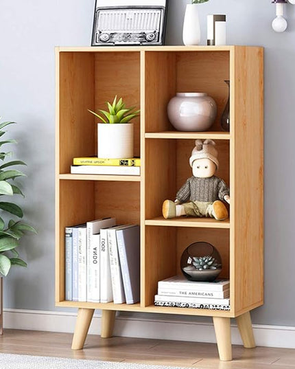 IOTXY Wooden Open Shelf Bookcase - 3-Tier Floor Standing Display Cabinet Rack with Legs, 5 Cubes Bookshelf, Pear Yellow - LeafyLoom