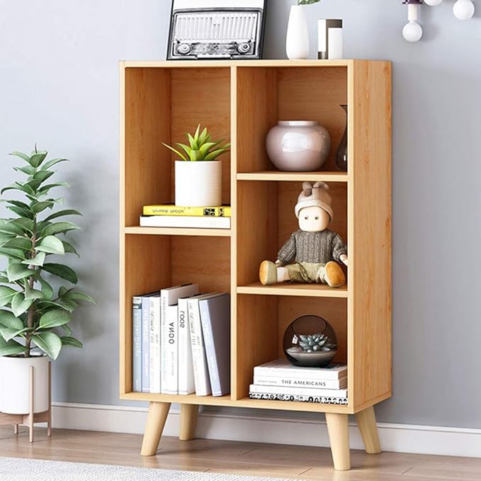 IOTXY Wooden Open Shelf Bookcase - 3-Tier Floor Standing Display Cabinet Rack with Legs, 5 Cubes Bookshelf, Pear Yellow - LeafyLoom