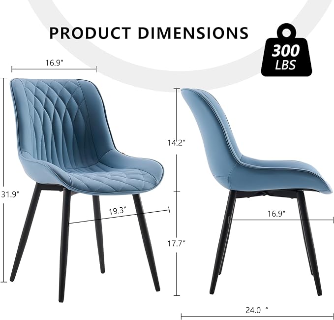 YOUNIKE Blue Dining Chairs set of 2 with High Backs Mid Century Modern Kitchen & Dining Room Chairs PU Faux Leather Upholstered sillas de comedor Comfortable Large Padded Accent Chairs with Metal Legs - LeafyLoom