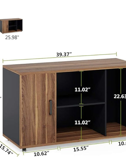 Tribesigns 39 inches File Cabinet, Large Storage Printer Stand, Mobile Filling Office Cabinet with Wheels, Doors and Open Storage Shelves,Dark Walnut - LeafyLoom