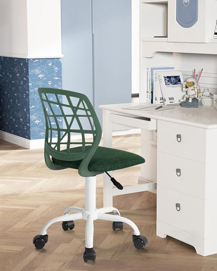 Kids Desk Chair, Fabric Office Chair Armless Small Mid Back Swivel Children Computer Task Chair Ergonomic Height Adjustable Study Chairs with Swivel Padded Cushion and Rolling Wheels, Dark Green - LeafyLoom