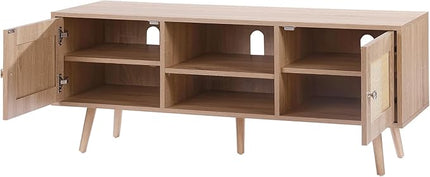 VEVOR Rattan TV Stand, Boho TV Cabinet for 55 inch TV, Mid Century Modern TV Stand, Rattan TV Console with Adjustable Shelfs for Living Room, Media Room, Oak - LeafyLoom