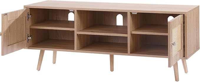 VEVOR Rattan TV Stand, Boho TV Cabinet for 55 inch TV, Mid Century Modern TV Stand, Rattan TV Console with Adjustable Shelfs for Living Room, Media Room, Oak - LeafyLoom