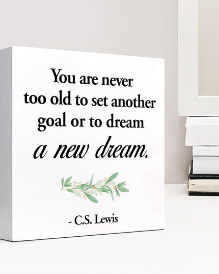 Inspirational Wood Box Sign Desk Decor,You are Never Too Old to Set Another Goal Wood Plaque Signs,Rustic Positive Wooden Block Sign for Home Office Shelf Desk Table Decoration C1064 - LeafyLoom
