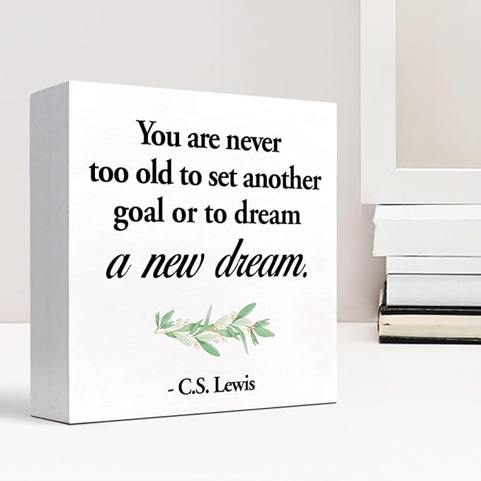 Inspirational Wood Box Sign Desk Decor,You are Never Too Old to Set Another Goal Wood Plaque Signs,Rustic Positive Wooden Block Sign for Home Office Shelf Desk Table Decoration C1064 - LeafyLoom