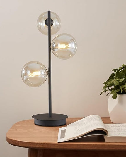 Mid Century Modern 3 Lights Globe Table Lamp Contemporary Minimalist Tall Bedside Desk Lamp Farmhouse Cognac Glass Nightstand Lamps Vintage Reading Light for Bedroom Living Room MTL03-B - LeafyLoom