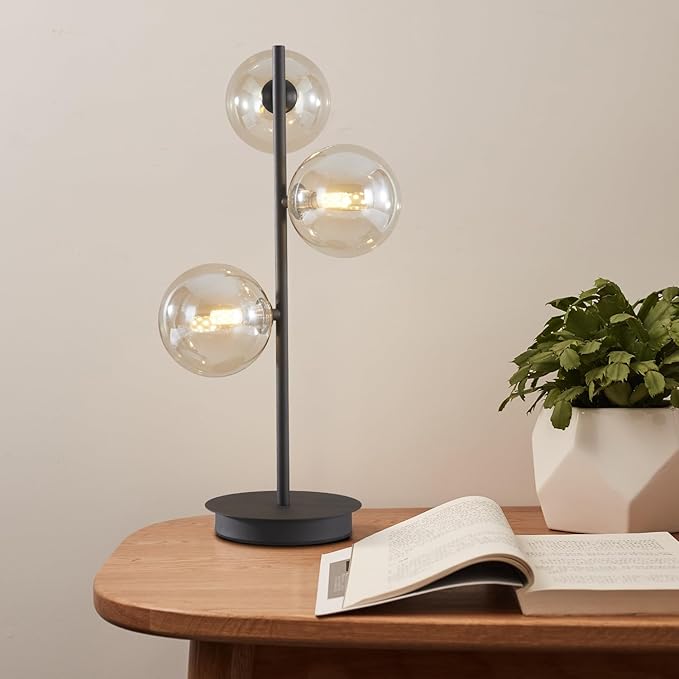 Mid Century Modern 3 Lights Globe Table Lamp Contemporary Minimalist Tall Bedside Desk Lamp Farmhouse Cognac Glass Nightstand Lamps Vintage Reading Light for Bedroom Living Room MTL03-B - LeafyLoom