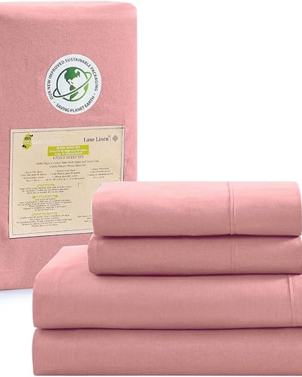 LANE LINEN 100% Organic Cotton Queen Sheets Set, 4-Piece Pure Organic Cotton Percale Sheets Queen, Cotton Bedsheets, Ultra Soft Bedding Sheets, Breathable, Fits Mattress Upto 15" Deep - Rose Dawn - LeafyLoom